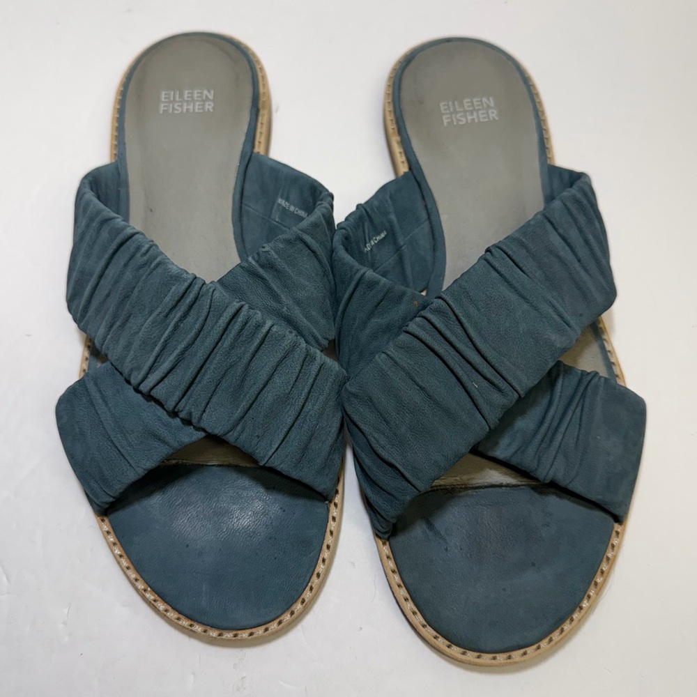 Eileen Fisher Teal Ruched Cross-Band Slide Sandals Size 9
